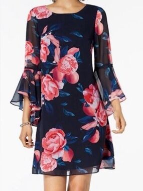 💙🩷 Nine West Navy Tunic Dress with Pink Floral Ruffles 💙🩷
